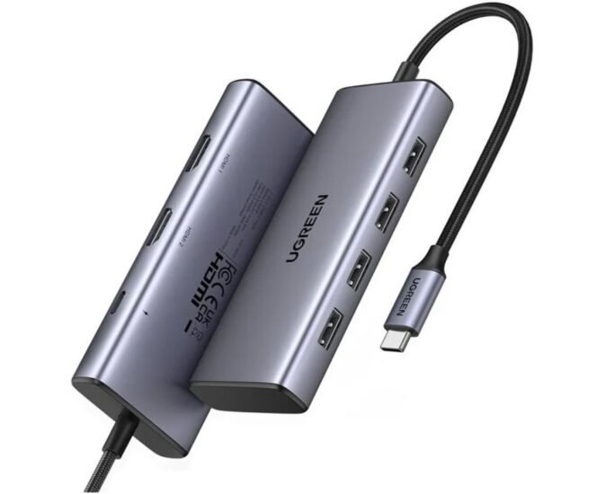 Хаб UGREEN CM498 (35897) 7-in-1 USB-C to USB-A 3.2+3*USB-A 2.0+2*HDMI+PD Port Converter Gray