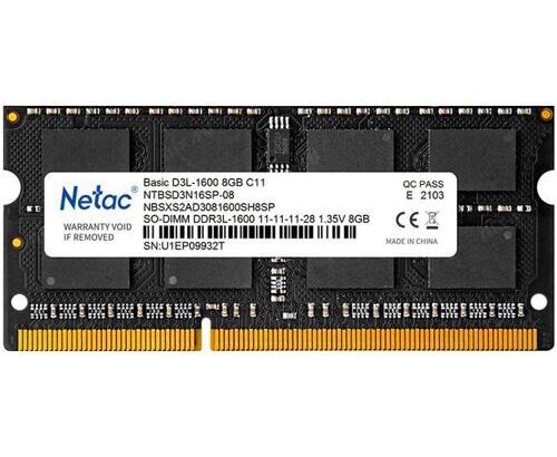 ОЗУ Netac Basic NTBSD3 N16 SP-08 DDR3 L 8 Gb 1600 M Hz PC3-12800 CL11 SO-DIMM 260-pin 1.35 В single rank