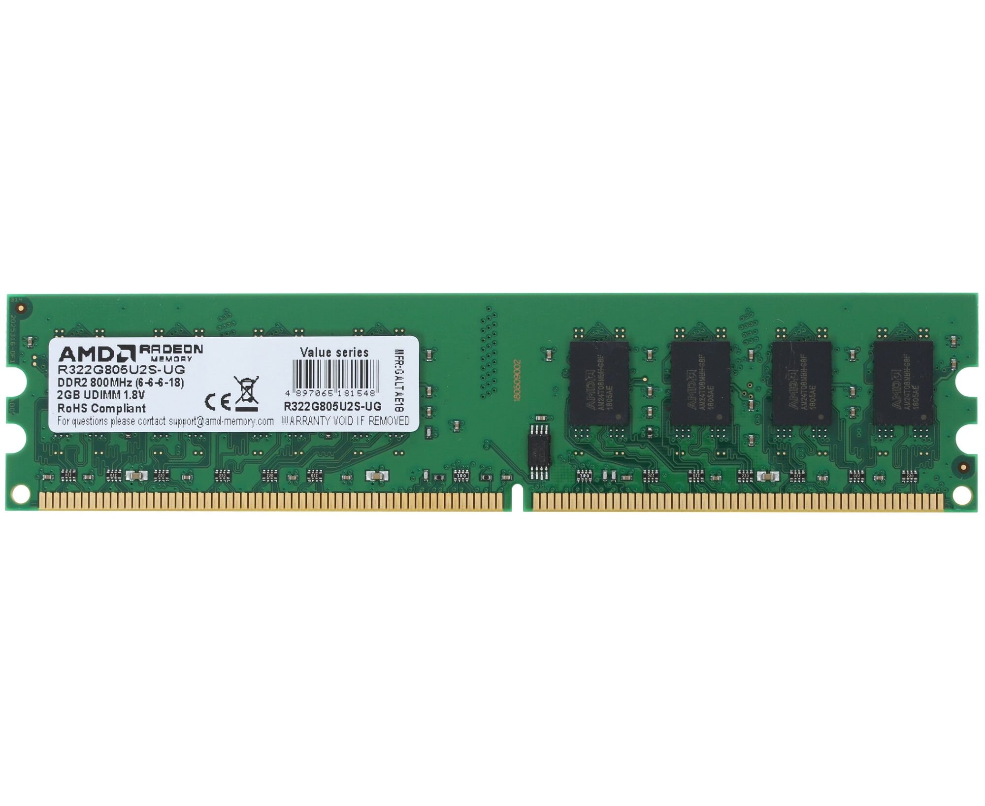 ОЗУ AMD Radeon R3 Value Series R322 G805 U2 S-UG 2 GB Green DIMM DDR2 800 Non-ECC, CL6, 1.8 V, RTL