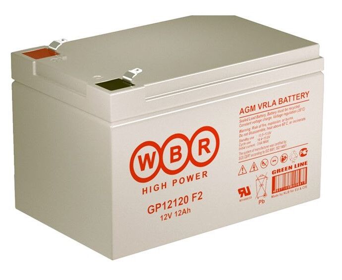 АКБ для ИБП 12 В 12 Ач WBR GP12120 F2, 48 W/cell, 144 Whr, 4.1кг, (Шх Гх В) 151х 98х 93 мм (98 с клеммами)