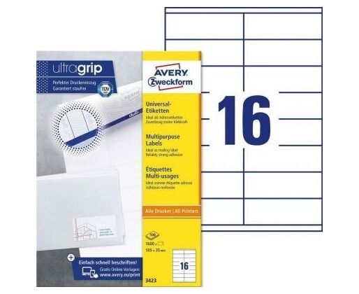 Этикетки Avery Zweckform 3423 A4 105x35мм 16шт на листе/70г/м 2/100л./белый матовое самоклей. универсальная
