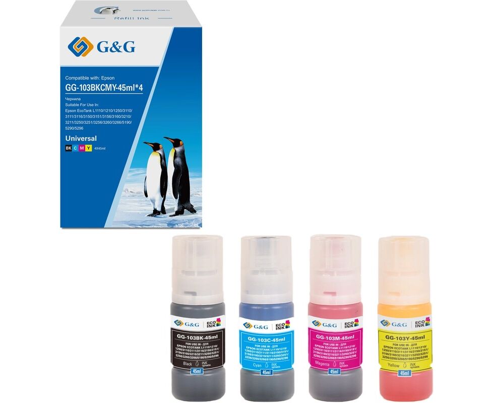 Чернила G&G GG-103 BKCMY-45ml*4 103 BKCMY голубой/пурпурный/желтый/черный набор 4x45мл для Epson Eco Tank L1110/1210/1250/3110/3111/3116/3150/3151/3156/3
