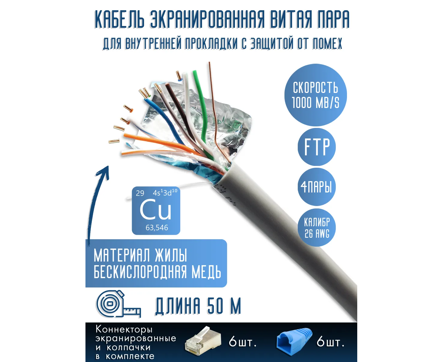 Витая пара, FTP cat5 26 AWG 4 пары, Медь (Cu), 50 м