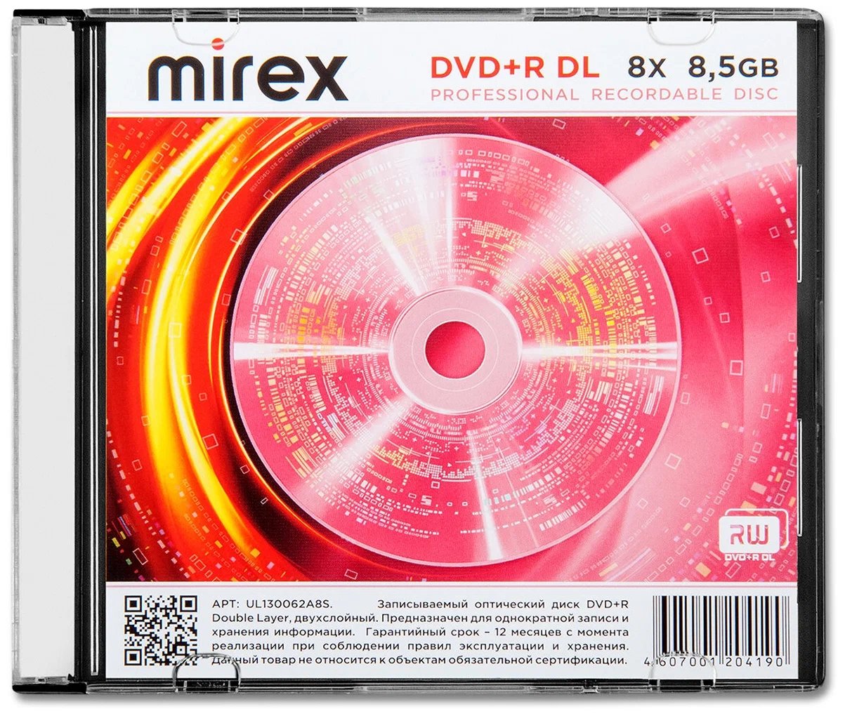 Диск DVD+R Mirex 8.5 Gb, 8x, Slim Case (1), Dual Layer (1/50)