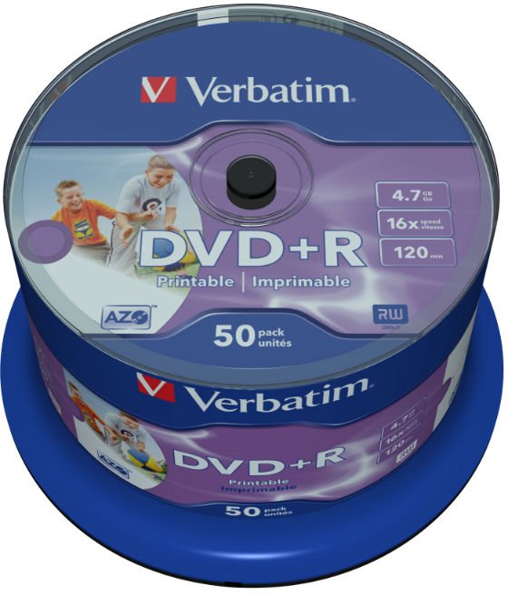 Диск DVD+R Verbatim 4.7Gb 16x Cake Box InkJet Printable (50шт) 43512