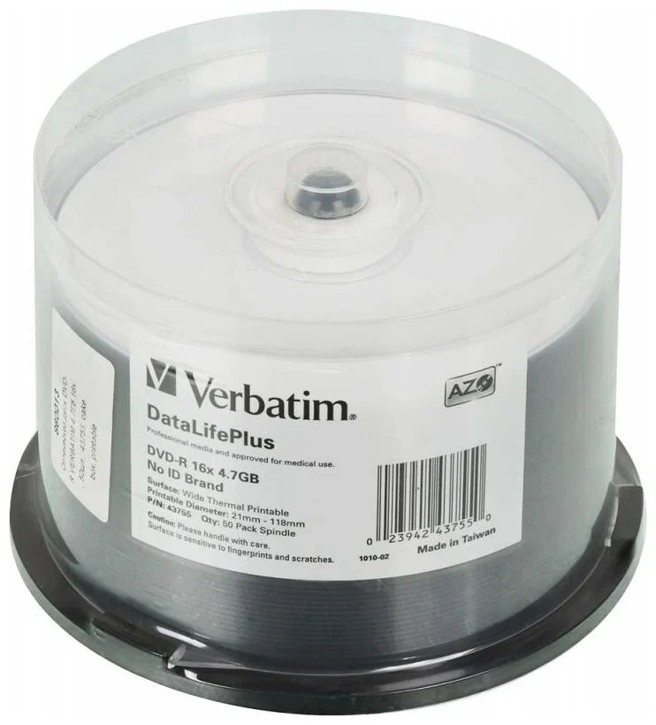 Диск DVD-R Verbatim (43755) 4.7Gb 16x Cake Box (50шт) Printable