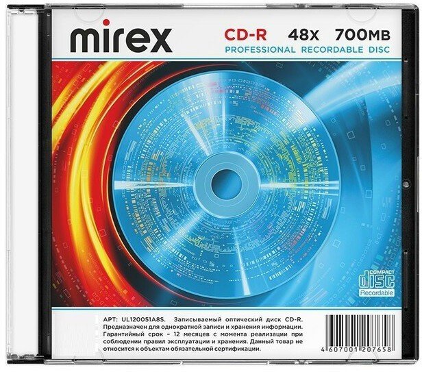 Диск CD-R Mirex 700 Mb, 48х (UL120051A8S), Slim Case (1), (1/200)