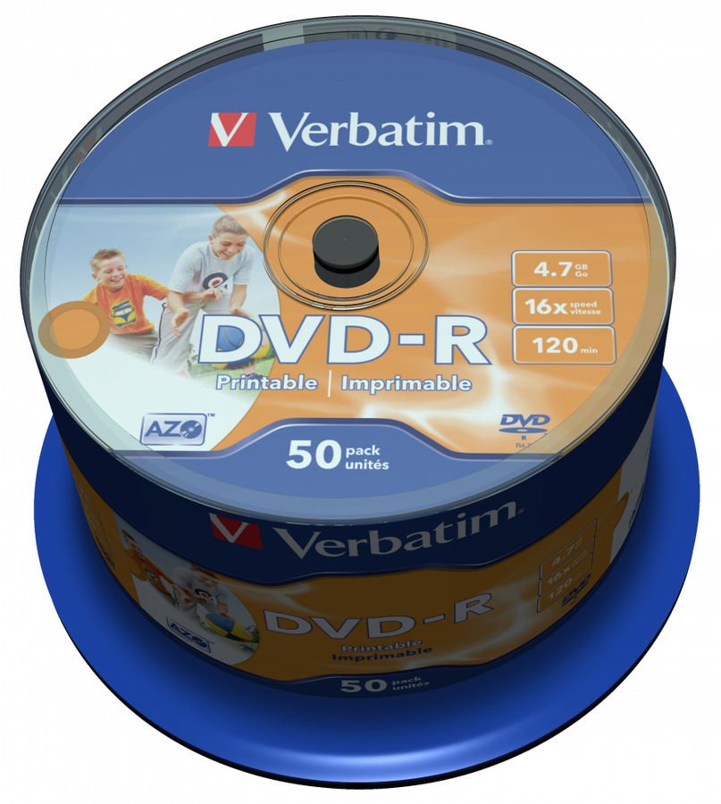 Диск DVD-R Verbatim 4,7Gb 16x Cake Box InkJet Printable (50шт) 43533