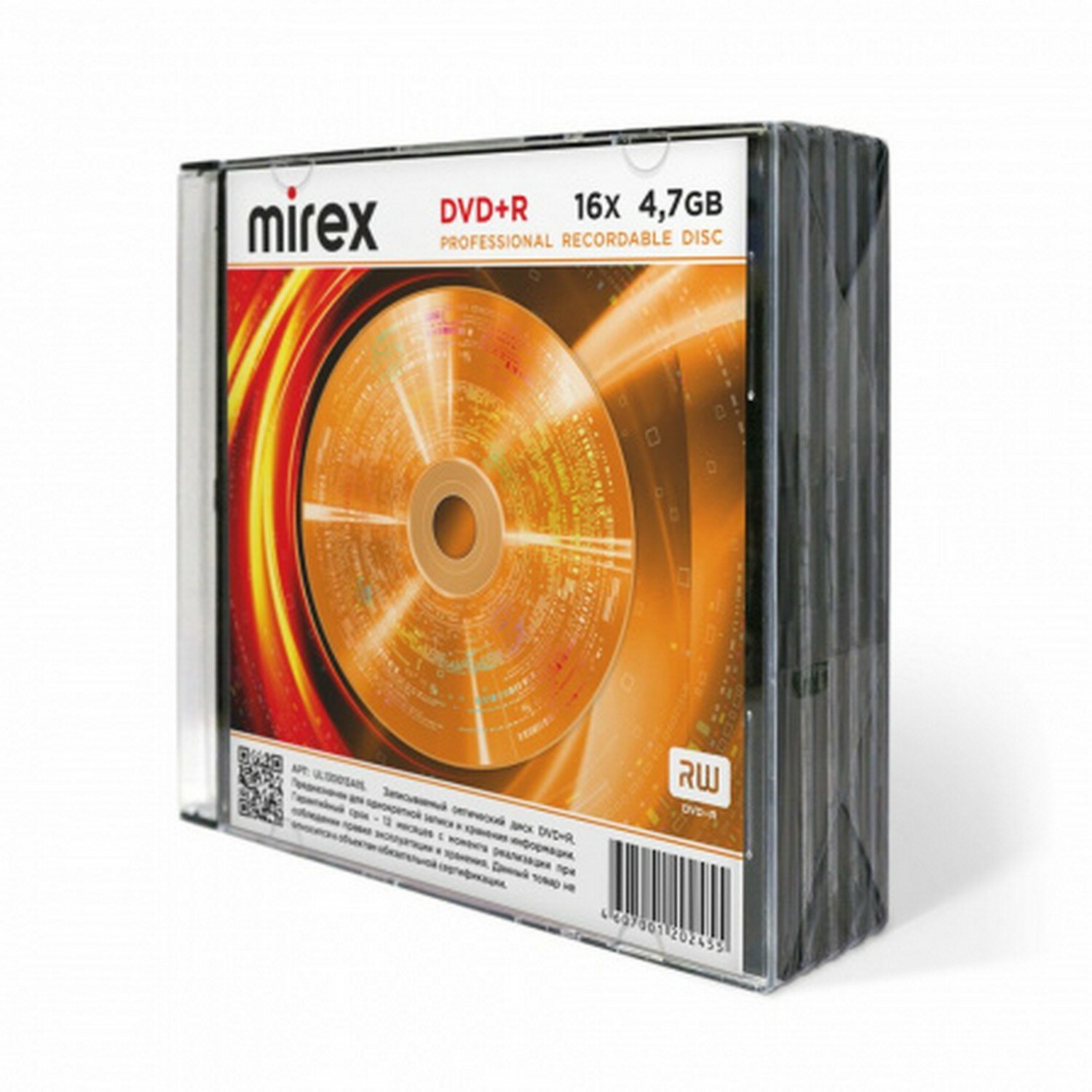Диск DVD+R MIREX UL130013A1F, 4,7ГБ, 16x, Slim Case 5шт