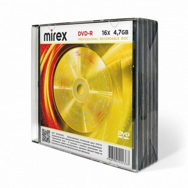 Диск DVD-R MIREX UL130003A1F, 4,7ГБ, 16x, Slim Case 5шт