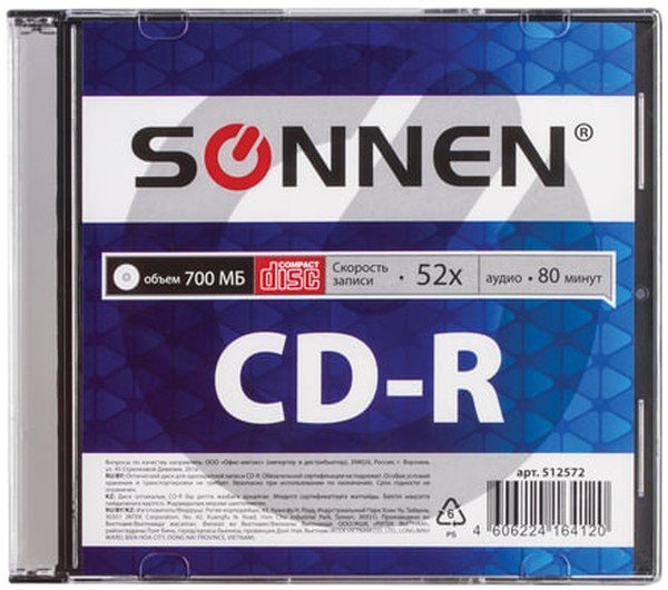 Диск CD-R SONNEN 512572, 700Mb, 52x, Slim Case (1штука)