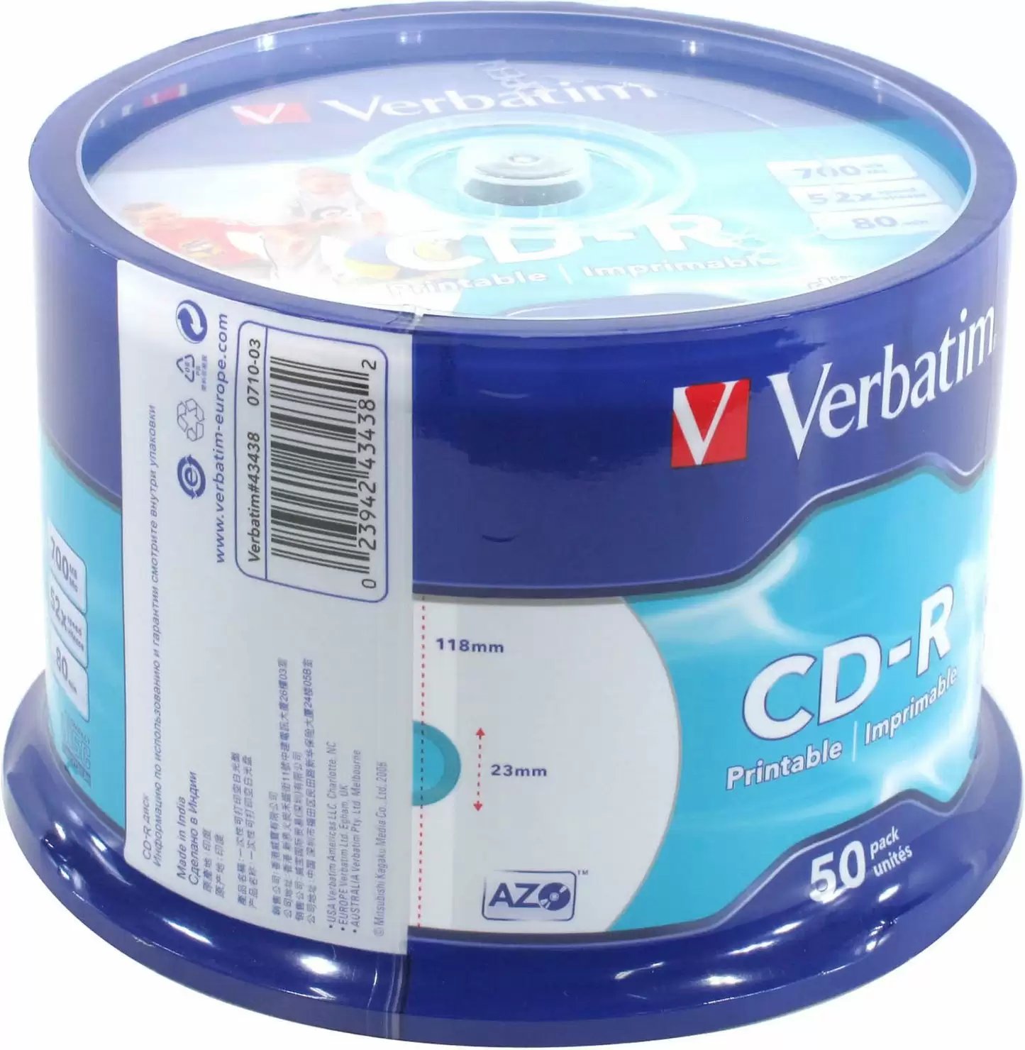 Диск CD-R Verbatim (43438) 700 Mb, 52x, Cake Box (50), DL+, Full Ink Printable (50/200)