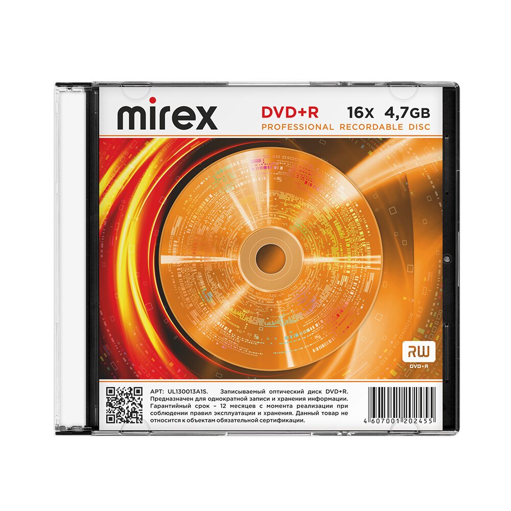 Диск MIREX DVD+R 4,7 Гб 16x Slim case (1/200)