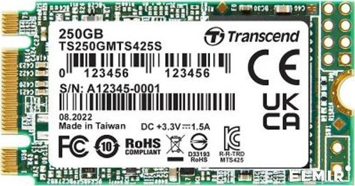 SSD Transcend MTS425 (TS250GMTS425S) M.2 250Gb (SATA3, up to 500/330MBs, 3D NAND, 90TBW, 22x42mm)