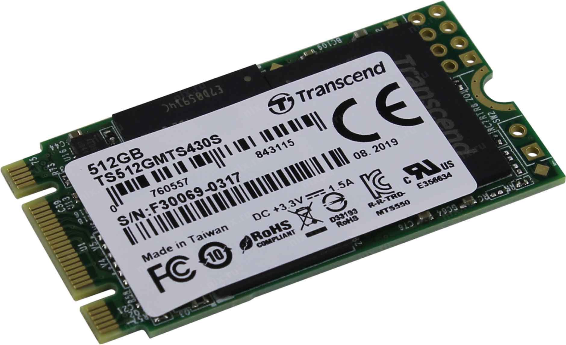 SSD Transcend MTS430 512Gb M.2 (TS512GMTS430S) (SATA3, up to 560/500MBs, 85000 IOPs, 3D TLC, 22х42мм)