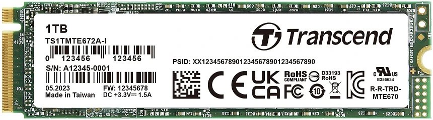SSD Transcend MTE672AI 1Тб (TS1TMTE672AI-VS1), M.2 2280, PCIe Gen3x4, NVMe, 3D TLC BiCS5, DRAM-less, темп. режим от -40С до +85С
