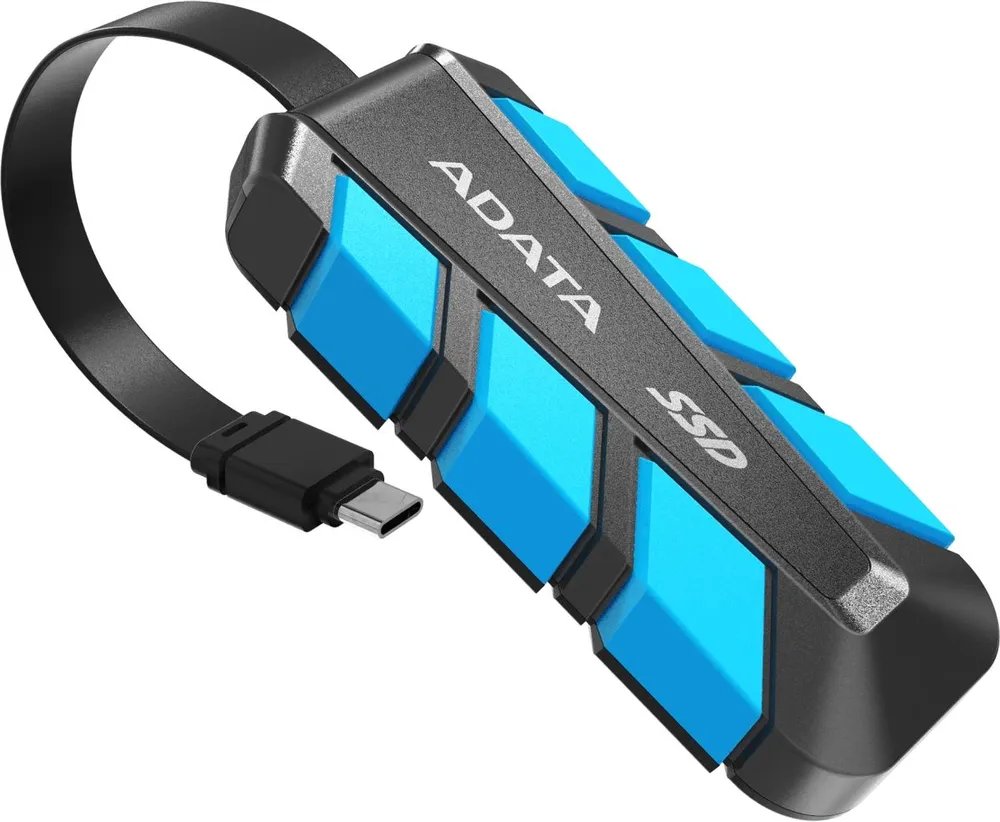 Внешний SSD ADATA SC740 (SC740-500G-CBU) 500Gb чёрно-синий (USB3.2 gen 2 type C, 1050/1000Mbs, 122x41x22mm, 40g, защита от падения, встроенный кабель)