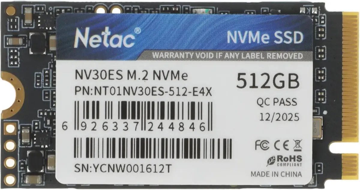 Внутренний SSD  Netac  512GB NV30ES, PCIe 3 x 4, R/W - 1600/1300 MB/s, (M.2), 2242, TLC 3D NAND