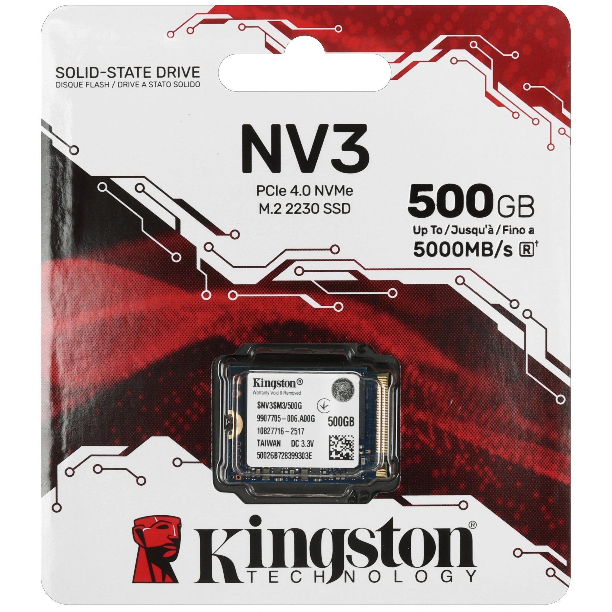 Внутренний SSD  Kingston    500GB  NV3S PCIe 4x4, R/W - 5000/3000 MB/s, (M.2), 2230, 3D TLC