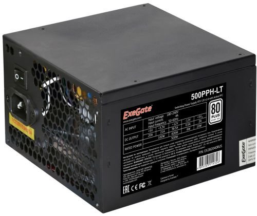 Блок питания ExeGate 500PPH-LT EX282040RUS 500W, 80+, ATX, black, APFC, 12cm, 24p, (4+4)p, 5*SATA, 3*IDE