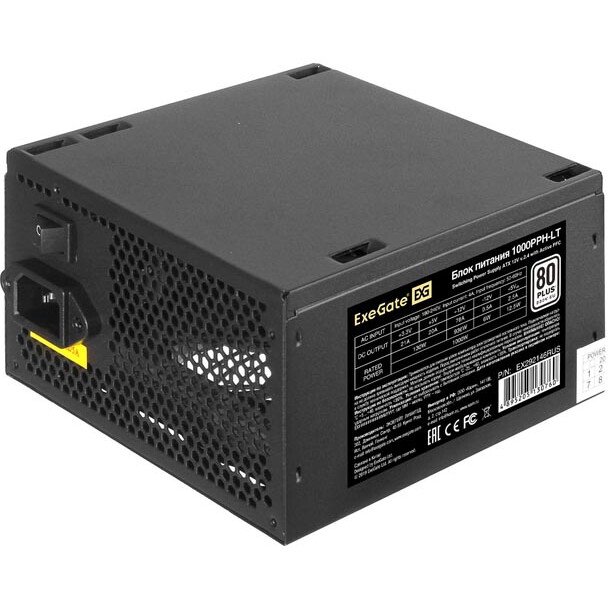 Блок питания ExeGate 1000PPH-LT EX292146RUS-S 1000W (ATX, APFC, SC, КПД 82 (80 Plus), 12cm fan, 24pin, (4+4)pin, PCIe, 5xSATA, 3xIDE, кабель 220V)