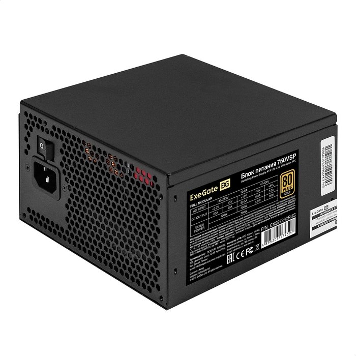 Блок питания Exegate 750VSP FC EX297232RUS 750W 80 Plus Gold (ATX3.0, APFC, КПД 90проц., 120mm fan, 24pin, 2x(4+4)pin)