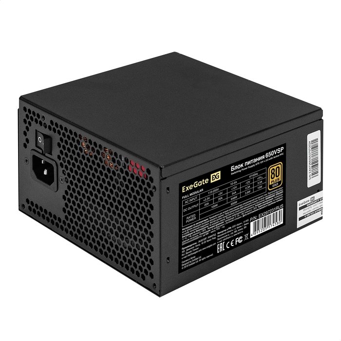 Блок питания Exegate 80 Plus Gold 650VSP FC EX297231RUS 650W (ATX3.0, APFC, КПД 90проц. (80 Plus Gold), 120mm fan, 24pin, 2x(4+4)pin