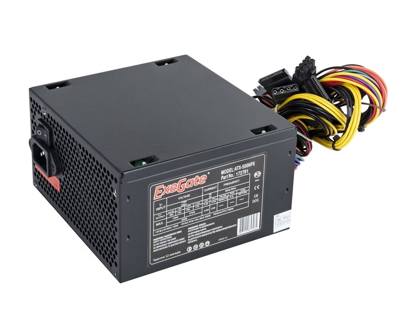 Блок питания Exegate EX224734RUS 500NPX, ATX, black,12cm fan, 24+4pin, 6/8pin PCI-E, 3xSATA, 2xIDE, 1xFDD