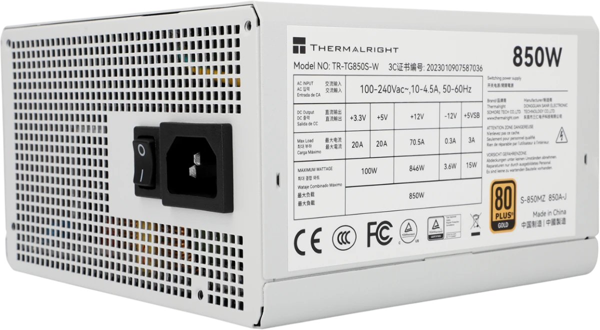 Блок питания Thermalright TR-TG850S-W 850W 80+ Gold (ATX, 3.0, PCIe 5.0, Non-modular, 1x24(20+4)pin, 1xCPU 8(4+4)pin)
