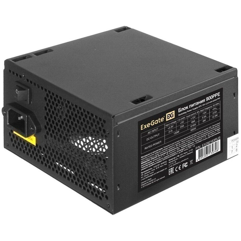 Блок питания ExeGate 900PPE EX292163RUS-S 900W (ATX, APFC, SC, КПД 80 (80 Plus), 12cm fan, 24pin, 2x(4+4)pin, PCIe, 6xSATA, 4xIDE, black)