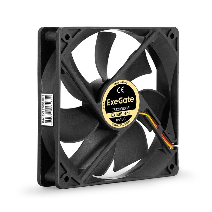 Вентилятор Exegate ExtraSilent ES12025S3P EX297053RUS 12В DC (120x120x25 мм, Sleeve bearing (подшипник скольжения), 3pin, 1300RPM, 22dBA)