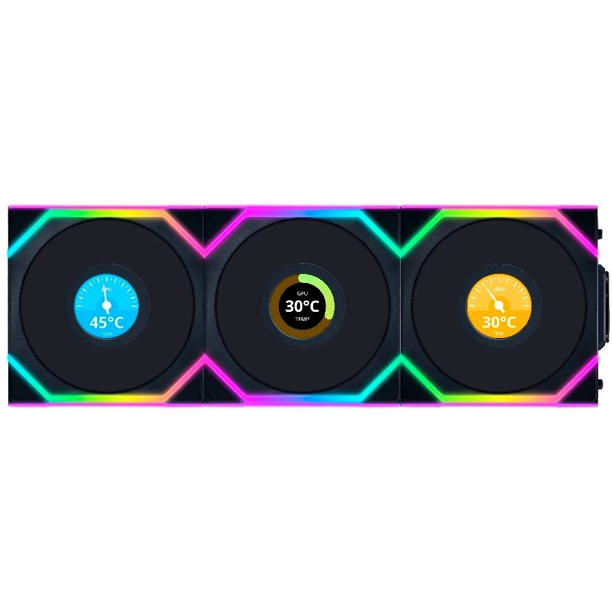 Комплект вентиляторов (3шт.) Lian Li UNI Fan SL Wireless LCD 120 (G99.12SLLCD1W3B.R0)/12SLLCD1W3B Black/120x124,5x28мм (1.6” LCD,PWM,ARGB,1900 об/мин)