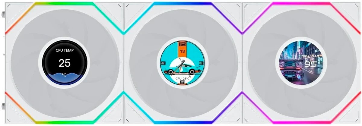 Комплект вентиляторов (3шт.) Lian Li Uni Fan TL LCD Flex 120 Reverse Blade / 12RTLLCD1F3W White (G9F.12RTLLCD1F3W.R0) / 120x124x28мм (PWM, ARGB)