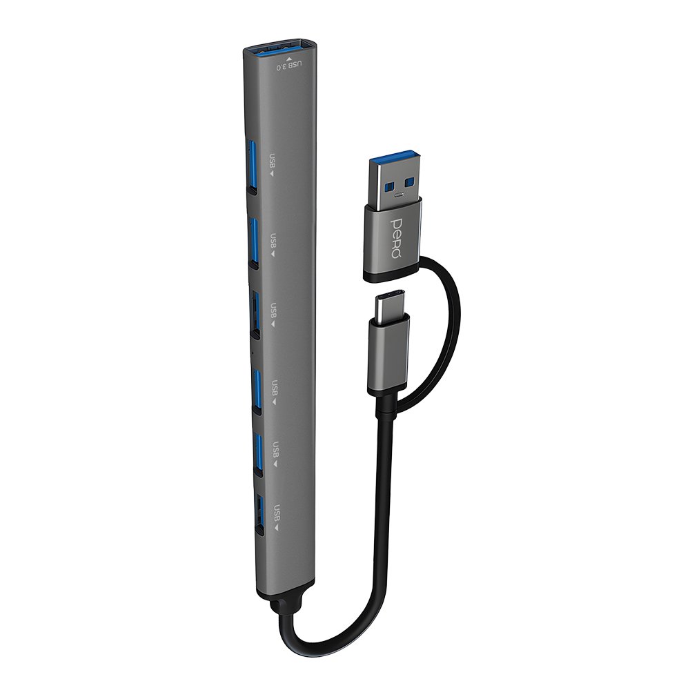 Мульти Хаб PERO MH04, USB-С/USB-A TO USB 3.0 + 6xUSB 2.0, серый