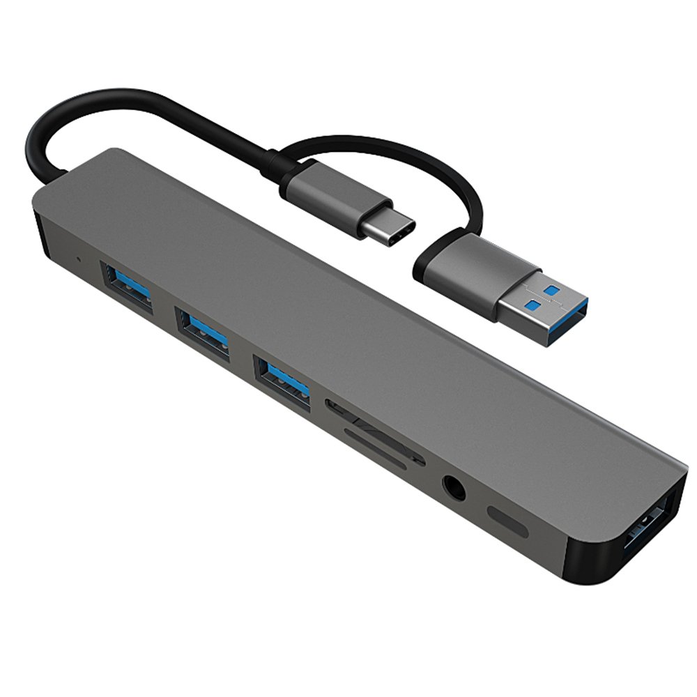 Мульти Хаб PERO MH07, USB-С/USB-A TO SD + TF + AUX 3.5 MM + USB-C + USB 3.0 + 3xUSB 2.0, серый