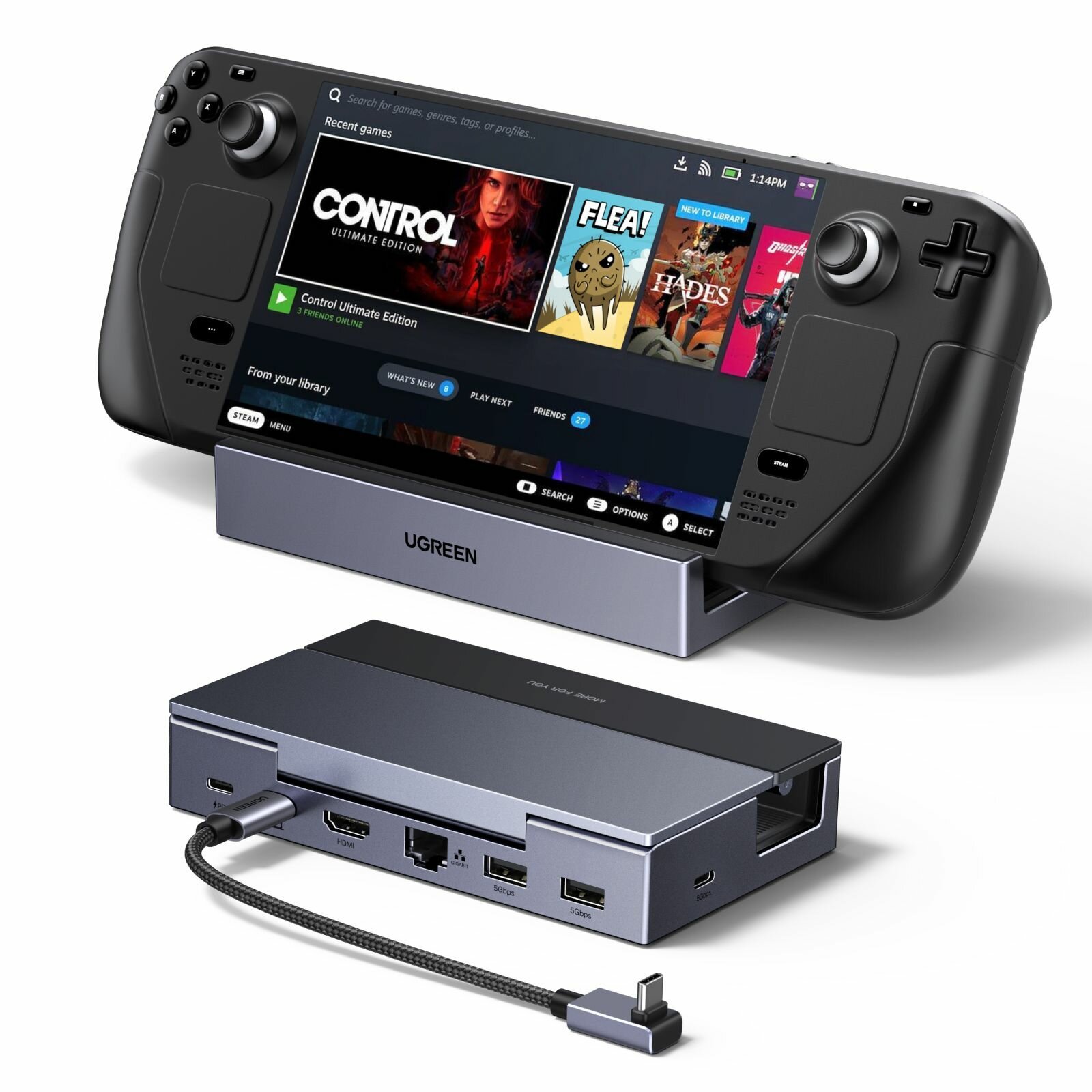 Док-станция UGREEN CM800 (75126) 6-in-1 1×USB-C 1×HDMI 1×USB-C 2×USB-A 1×RJ45 Docking Station Black