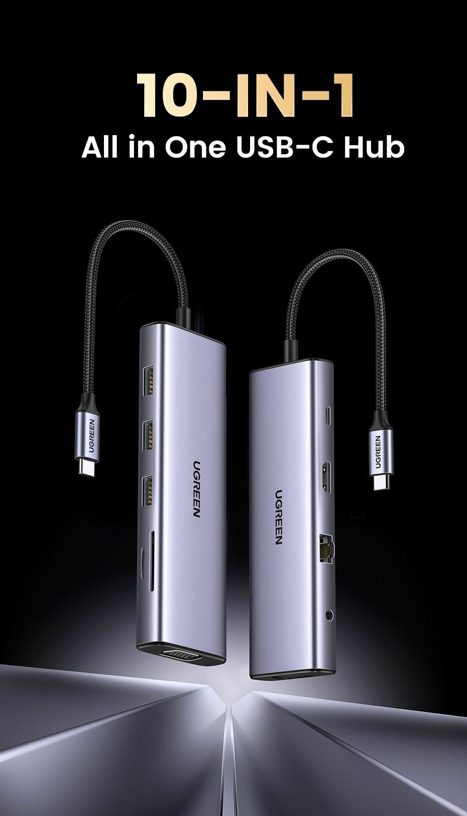 Конвертер UGREEN CM498 15601 USB-C To 3*USB 3.0 A+HDMI+VGA+RJ45 Gigabit+SD/TF+AUX3.5mm+PD Converter Gray
