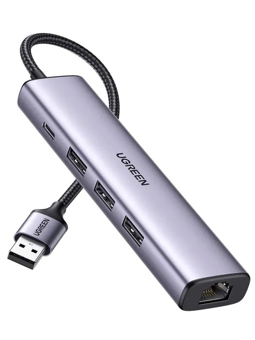 Адаптер UGREEN CM475 60554 USB3.0 to 3×USB3.0+RJ45 1000Mb/s Multifunctional Adapter with Type-C Power Supply Space Gray