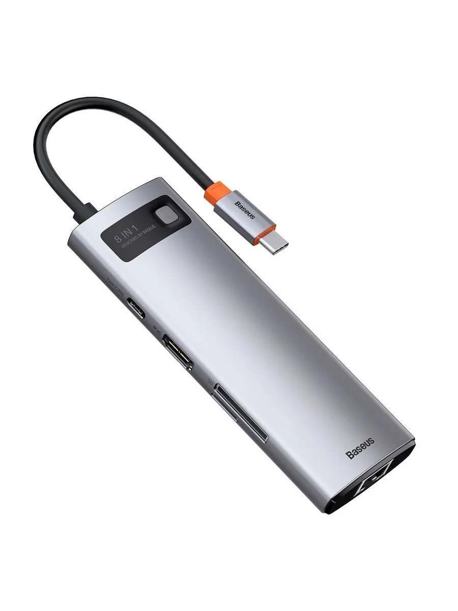 USB-C хаб Baseus CAHUB-CV0G Metal Gleam 8в1 3USB/HDMI/USB-C/MicroSD/TF/RJ45 серый