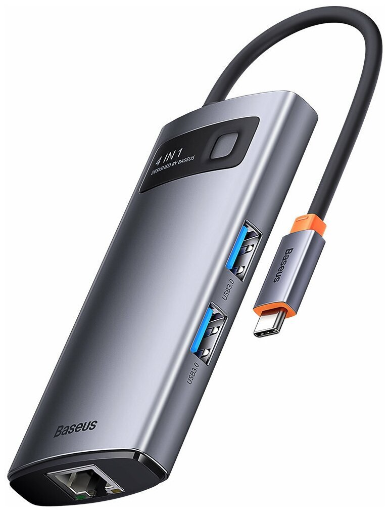 Адаптер Baseus Metal Gleam Series 4-in-1 Multifunctional Type-C HUB Docking Station Gray（Type-C to USB3.0*3+RJ45*1）