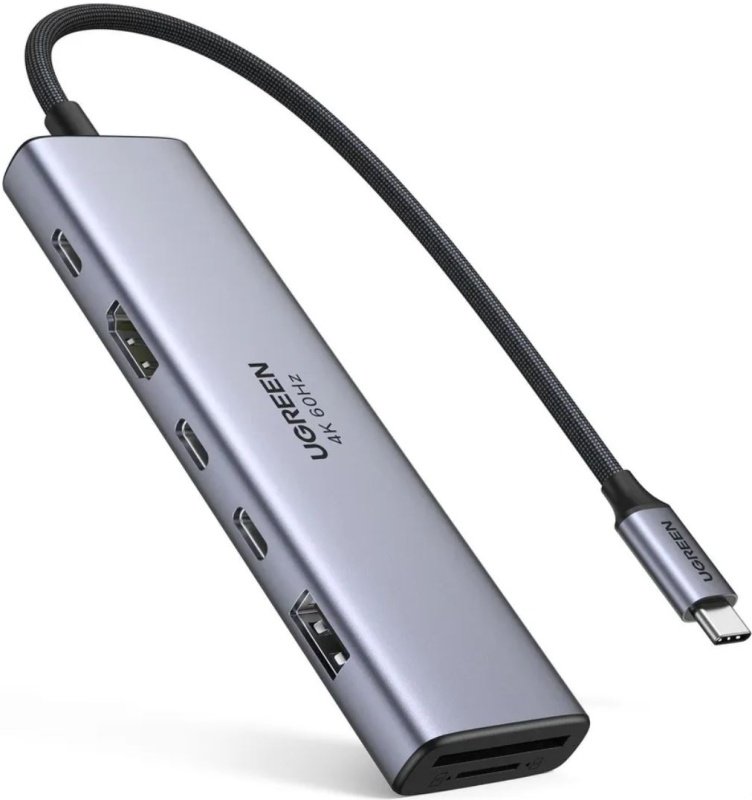 Хаб UGREEN CM511 (45521) 7-in-1 4K 60Hz USB-C To HDMI+2xUSB-C 3.2+1xUSB-A 3.2+SD/TF+PD Converter Gray