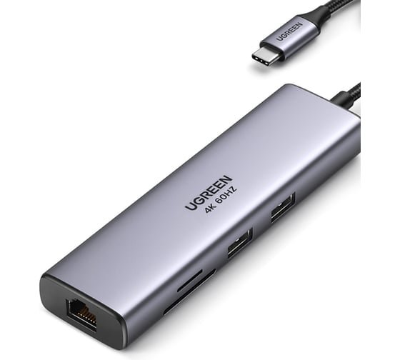 Конвертер UGREEN CM512 (90568) USB-C to 2*USB3.0+HDMI+RJ45+SD TF +PD Port Converter серый