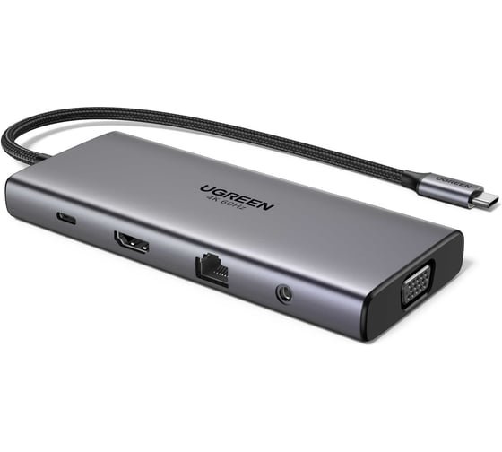 Конвертер UGREEN CM639 (45520) 11-in-1 4K 60Hz 2xUSB-C 3.2+USB-A 3.2+USB-A 3.0+HDMI+VGA+RJ45 Gigabit+SD/TF+AUX3.5mm+PD Converter серый