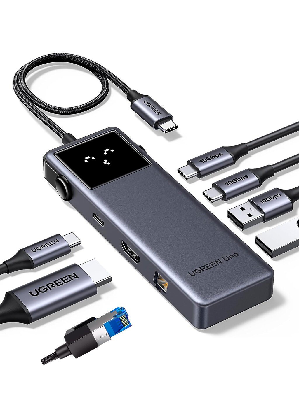 Хаб UGREEN CM888 (45155) UNO 7-in-1 4K@60Hz USB-C+3*USB-A+Ethernet+PD 100W+HDMI Hub Gray