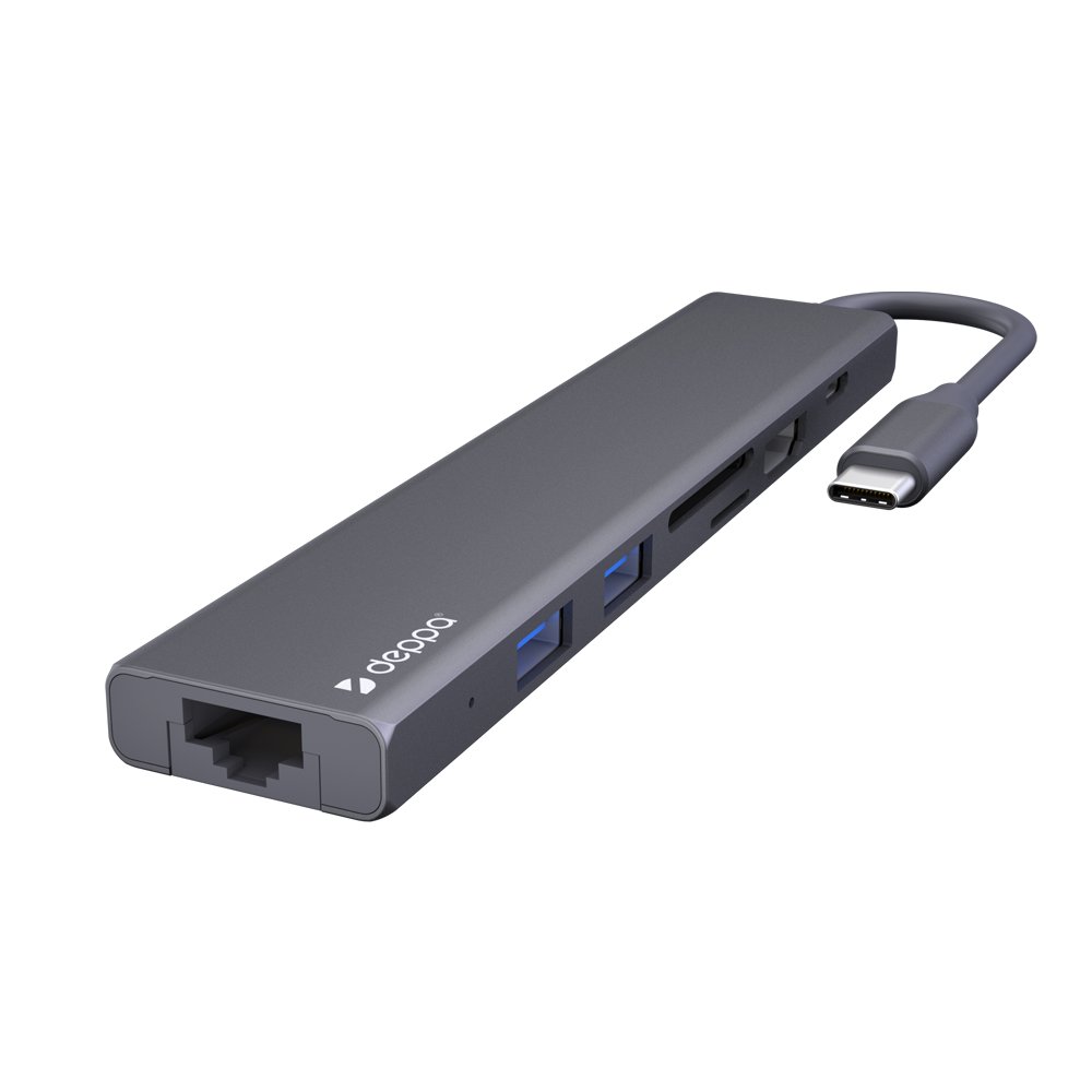 USB Type-C хаб 7-в-1, HDMI, Power Delivery, 2xUSB 3.0, RJ45, microSD/SD, графит, DEPPA, 73127