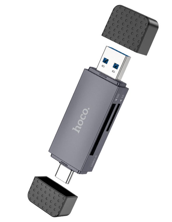 Кардридер HOCO HB45 Spirit, USB/Type-C 3.0, пластик, TF/ SD карта, цвет: серый (1/50/200)