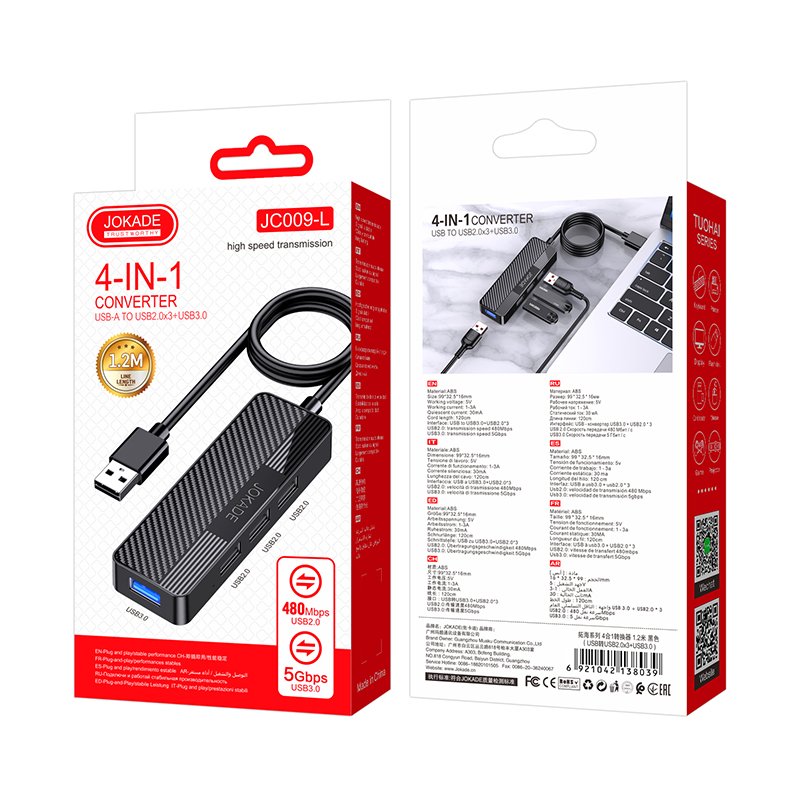 USB HUB Jokade JC009-L 4 in 1 на 3 USB 2.0 + 1 USB 3.0 black