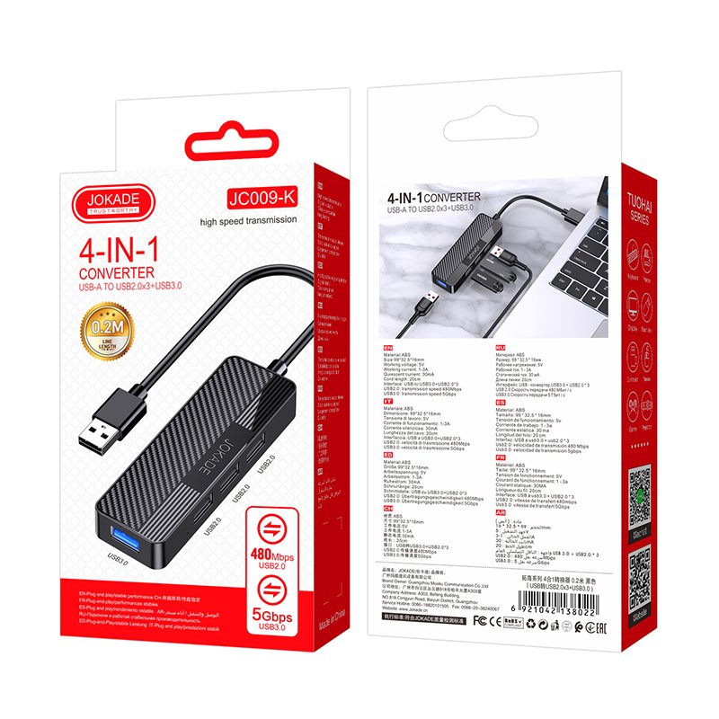 USB HUB Jokade JC009-K 4 in 1 на 3 USB 2.0 + 1 USB 3.0 black