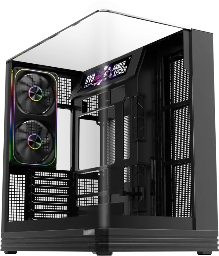 Корпус 1STPLAYER OV8S Black (OV8S-BK-1FP7R-3-1FP7-2-HUB3) / ATX BTF / 9.16" LCD display / 5x120mm ARGB fans hub