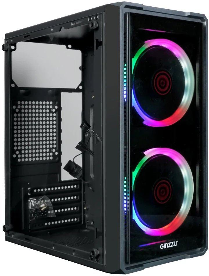 Корпус Ginzzu B177 2*USB 2.0,AU Fan 2*12 LED передняя и боковая панель стекло
